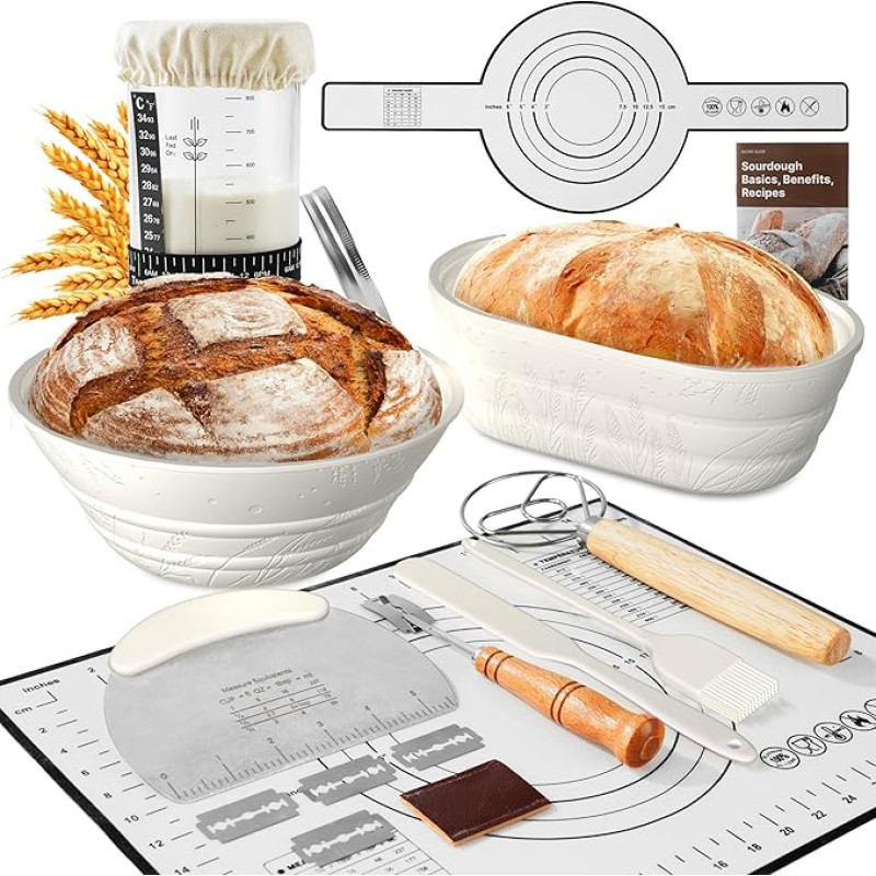 Sourdough Ferment Set, 15-Piece Bread Baking Accessories with Proofing Basket, Wheat Pattern, Fermentation Glass, Thermometer, Proofing Basket, Bread Silicone Set, Dough Knife Gift for