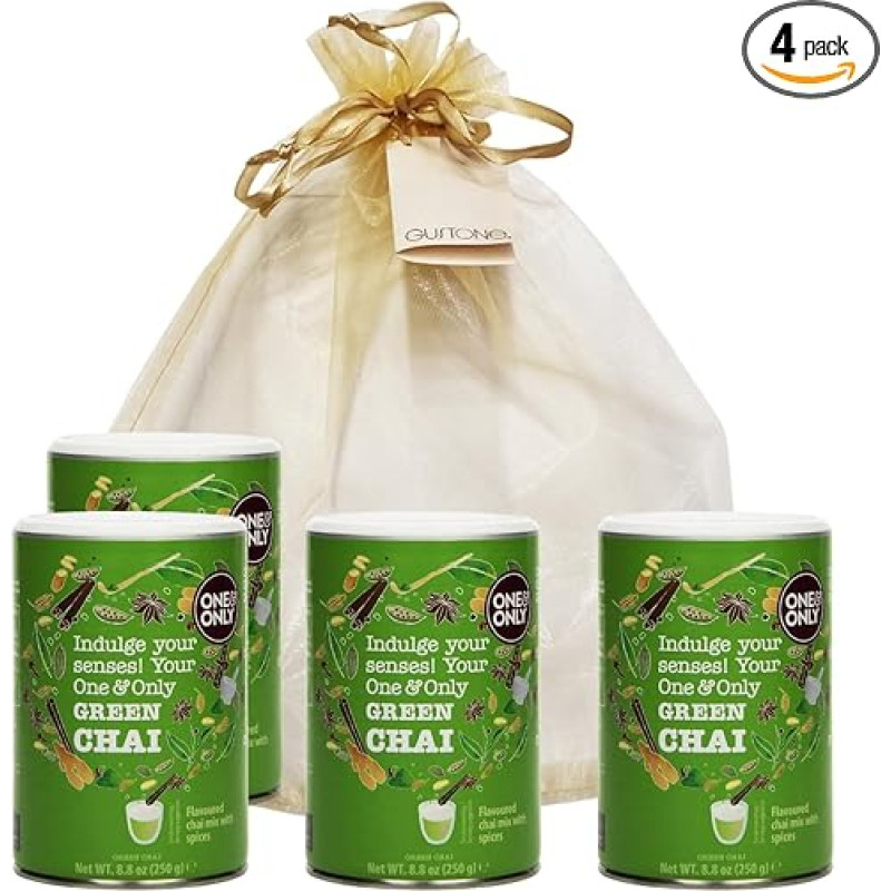 GUSTONE. One&Only Green Chai Powder with Matcha 4 x 250 g Tin Gift Set