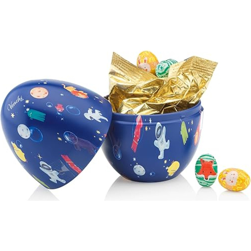 Venchi - Kiaušinio formos skardinė dėžutė su 9 įvairių skonių šokoladiniais kiaušiniais su pistacijomis, migdolais ir Pjemonto lazdyno riešutais, be glitimo, 100 gramų, velykinė kolekcija, dovanų idėja