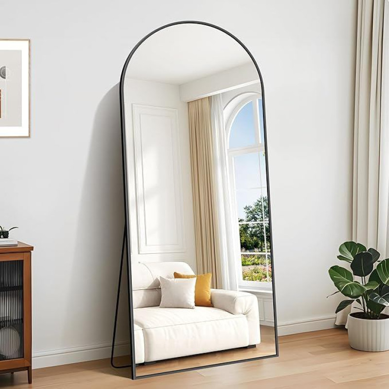 KOCUUY Arch Standing Mirror, 179 x 65 cm, Large Curved Full Length Mirror, Large Wall Mirror with Black Aluminium Frame, Hanging, Standing, Tilting, for Living Room, Bedroom and Hallways