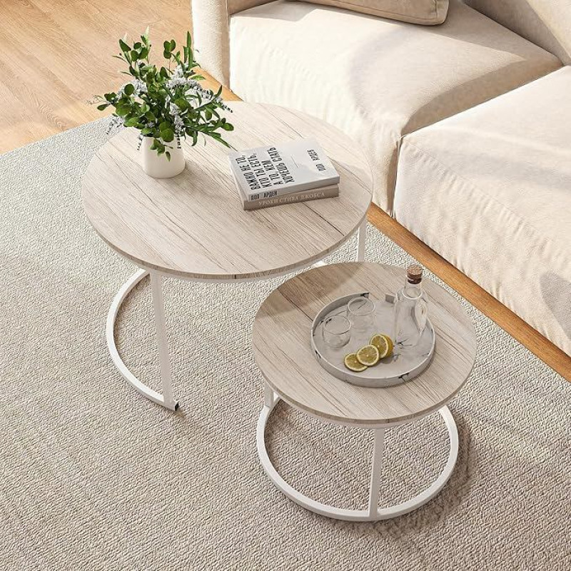 HOJINLINERO Round Coffee Table for Living Room, Oak Coffee Table, Set of 2, Metal Frame/Wood Sofa Table, Sturdy and Easy to Assemble, Modern Stackable Side Table for Bedroom, Office