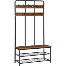 HOOBRO EBF05MT01 Didelė drabužių kabykla su suoleliu, batų stovas su sėdyne, drabužių stovas su 12 kabliukų, daug vietos drabužiams laikyti, skirtas prieškambariui, miegamajam, svetainei, tamsiai rudos/juodos spalvos