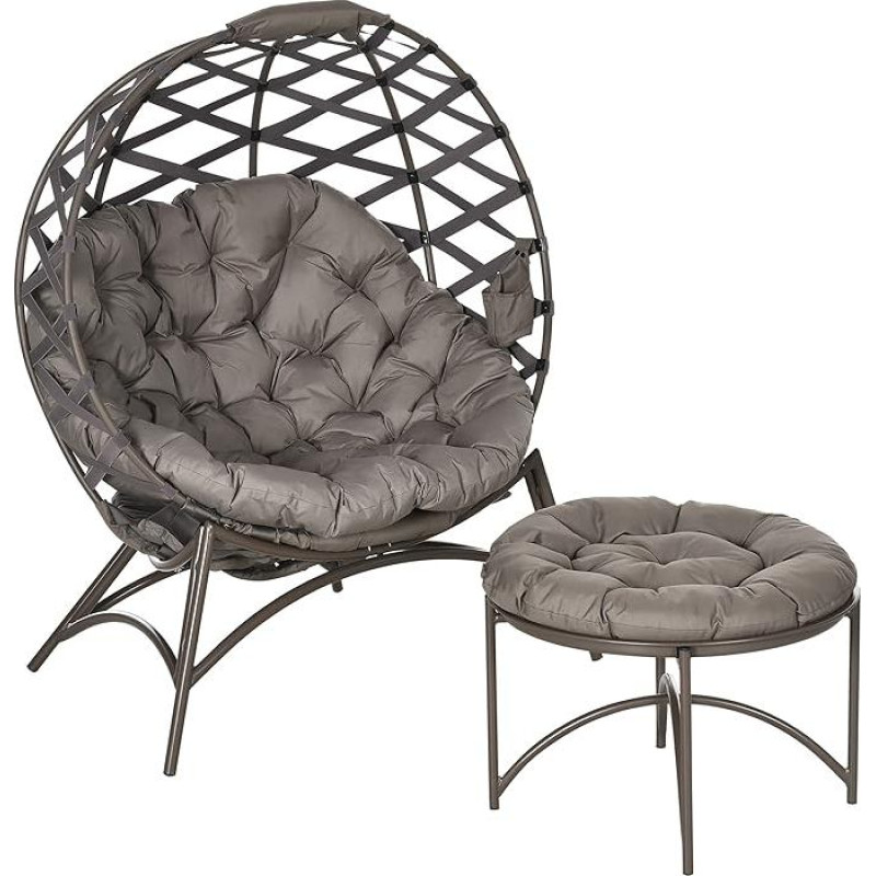 Outsunny 2-Piece Garden Chair Set, Wicker Chair with Foldable Seat Basket, Includes 2-in-1 Stool, Cushion, Lounge Chair for Balcony, Patio, Steel, Sand, 118 x 75 x 142 cm