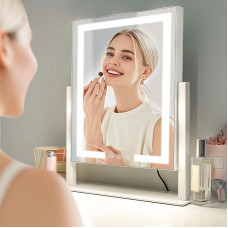 Holivudo makiažo veidrodis su apšvietimu, 3 spalvų temperatūros režimais, ryškumo reguliavimu, 360° pasukimo funkcija, jutikliniu valdymu, nuimamu 15 kartų didinančiu veidrodžiu (baltas)