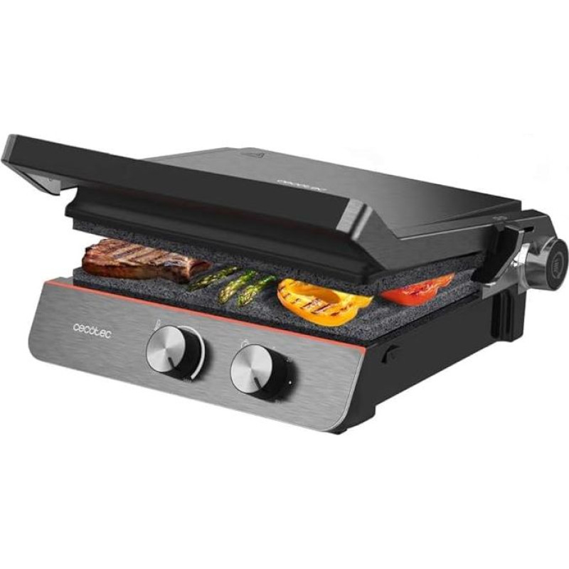 Cecotec Rock'nGrill Blaze Neon Electric Grill - Power 2200 W, Opening up to 180°, Precise Control with Indicator Light, Removable Plates, Large Surface Area 29 x 23 cm