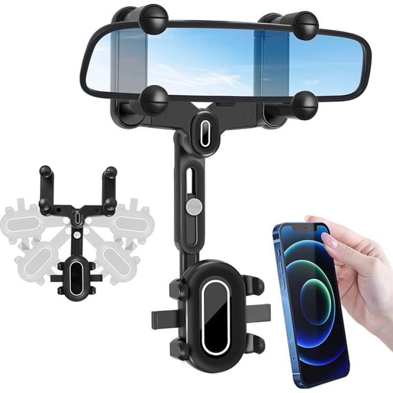 LURICO Mobile Phone Holder, Car Rear View Mirror, Phone Holder, Universal 360° Rotating and Retractable Mobile Phone Holder, Multifunctional Mobile Phone Holder, Rear View Mirror for All Smartphones
