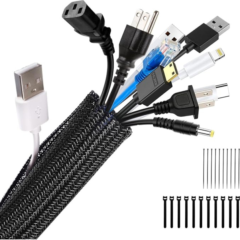Garrulo Self-Closing Cable Sleeve, Black, 19 mm - 6 m Cable Duct, Flexible Woven Cable Sheath with 10 x Cable Ties and 10 x Self-Adhesive Velcro Tape