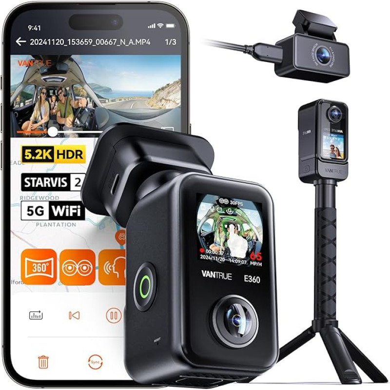 VANTRUE E360 ACE 5.2K Panorama + 1440P Dash Cam with Dual STARVIS 2 HDR Night Vision, 3 Channel 360° Dash Cam with Carry Holder for Handheld, Voice Controlled Car Camera, App, 1.54 Inch Touchscreen,