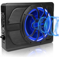 WODHMIEY 10 colių 800 W itin plonas aktyvusis žemų dažnių garsiakalbis automobiliui / sunkvežimiui su stiprintuvu, stiprūs bosai, dažnis 20 Hz - 150 Hz, įskaitant žemų dažnių valdiklį, su apsaugos funkcijomis, LED aplinkos apšvietimas (mėlyna)