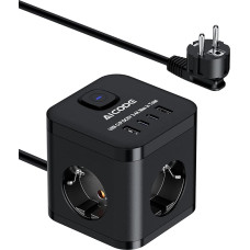 AICODE Socket Cube 3-Way 3680 W su 4 USB (2 x USB-C) ir vaikų užraktu - maitinimo blokatorius su jungikliu, 2 m ilgio laidu, kompaktiškas ir nešiojamas namams, biurui, kelionėms - juodas