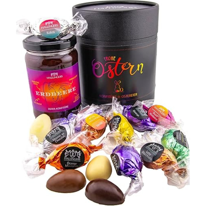 Hallingers Frohe Ostern - Black - Easter Gifts as Easter Basket for Easter, 17 Chocolates Easter Eggs & Strawberry Jam (Set) - Mother's Day Gift & Gift Ideas for Father's Day | Congratulations