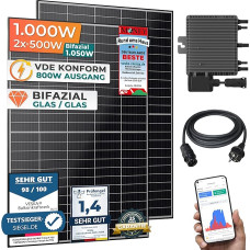 Balcony Power Plant 1000 W Bifacial Glass/Glass Solar System Ready to Plug with 800 Watt Inverter WiFi Smart Mini PV Photovoltaic System Approval-Free Complete Set, Black (1000/800W)