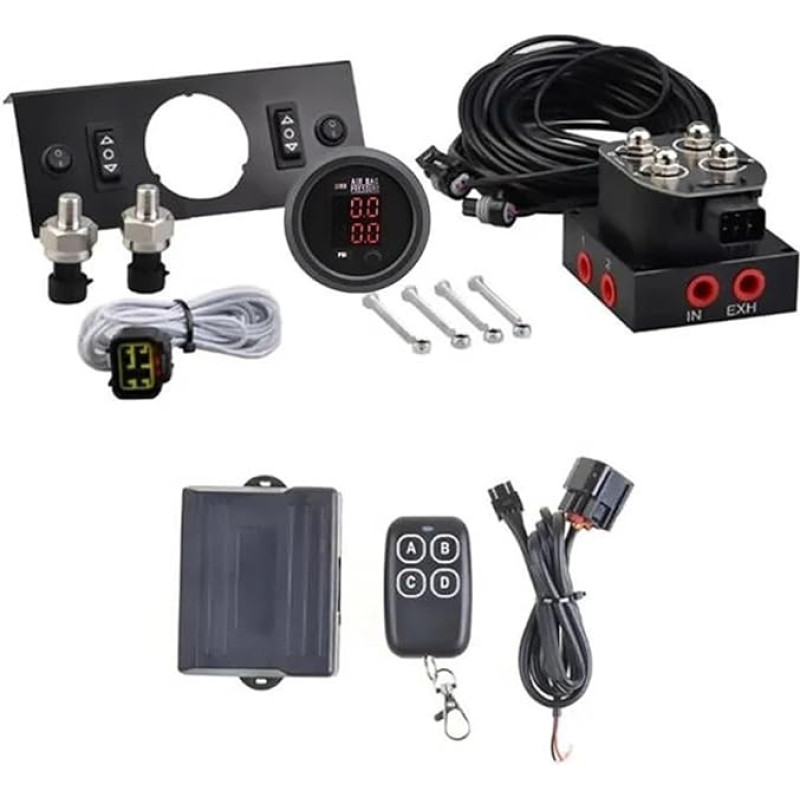 EGUIAS Luftfeder Luftpumpen Universal Air Ride Suspension Dual Display Druckmesser Mit Magnetventil & Fernbedienung & Panel Schiff Typ Schalter KIT(Complete Red)