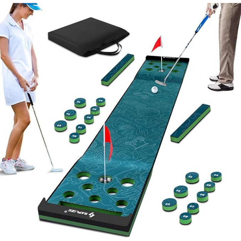 SAPLIZE Golf Pong Putting Mat, 20 Inches x 10 Feet, Green, Plastic, EVA, 2 Holes, Foldable, Ideal Party Game with Family or Friends