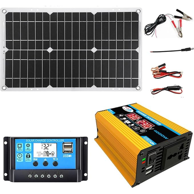 4000-W-Solarwechselrichter-Kit mit wasserdichtem 18-W-Panel, 30-A-Controller, 2 Anschlüssen und LED-Anzeige for den Einsatz zu Hause und im Wohnmobil