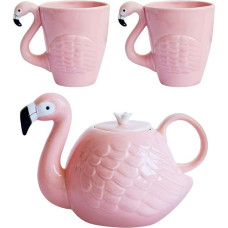 GuoTcusy Pink Flamingo kavos puodelių ir arbatinukų rinkinys, keraminiai arbatos puodeliai ir arbatinukas, dovana moterims, žmonai, gimtadieniui, Motinos dienai, draugei (2 puodeliai, 1 arbatinukas)