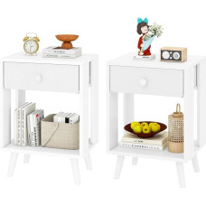 YMYNY 2 naktinių staliukų rinkinys, naktiniai staliukai, medžiaginiai stalčiai ir atviras skyrius, medžio masyvo kojos, modernūs, lengvai surenkami, skirti miegamajam, svetainei, balti, HST012W-2