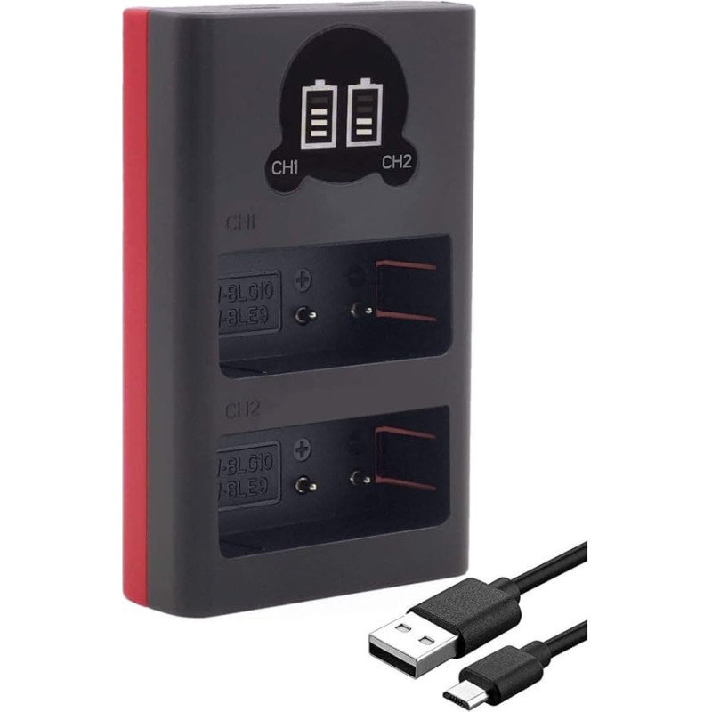 Baxxtar 18572 DMW-BLG10 E DMW-BLE9 Leica BP-DC15-E akumuliatoriaus įkroviklis - mini dvigubas LCD su USB-C ir mikro USB įvestimi