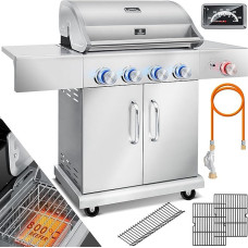 KESSER® Master BBQ dujinė kepsninė su 800 °C infraraudonaisiais spinduliais ir grilio termometru, LED apšvietimu, keramikiniu 4+1 degikliu, nerūdijančio plieno XXL grilio vežimėliu, šoniniu degikliu, 5-11 kg dujų balionu, piezo uždegimu, sidabrinė
