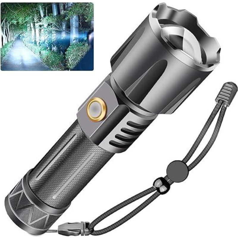 NAKCNM LED Torch 20,000 Lumens, Super Bright LED Torch with Power Bank Function, 30 W Rechargeable Handheld Lamp, Battery Operated, Waterproof, 5 Modes, Adjustable Focus for Dog Walking