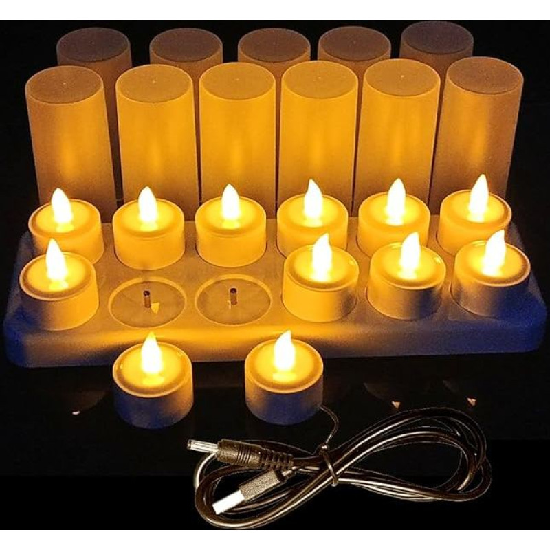 LED įkraunama arbatos žiburėlio žvakių šviesa su laikikliais įkrovimo stotelė realistiška šokanti liepsna, dovanų dekoracija vakarėliams, Kalėdoms (geltona, 12 vnt.)