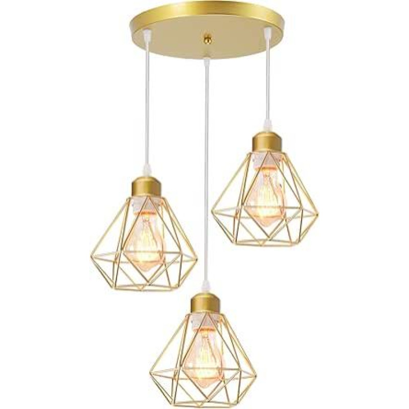 TOKIUS 3-Bulb Pendant Light 16 cm Retro Pendant Lamp with Geometric Design Lampshade E27 Lamp Made of Iron Cage Gold Pendant Light for Dining Table Kitchen (Pendant Lamp, Rondelle)