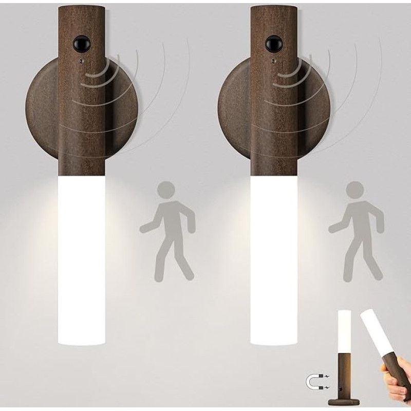 SYMYNELEC Pack of 2 Battery Wall Light Wood with Motion Sensor, USB Wireless Wall Lamp Indoor without Power Connection, Warm White Magnetic Night Light No Drilling for Hallway Stairs Living Room (Dark