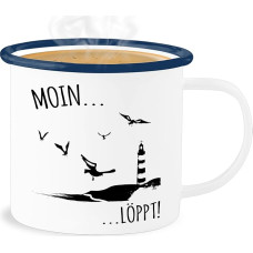 Enamel Tin Mug – Statement – Moin...Löppt! – Black – 300 ml – White Blue – Statements Moin Mug Happy New Year North Sea New Year North German with North German