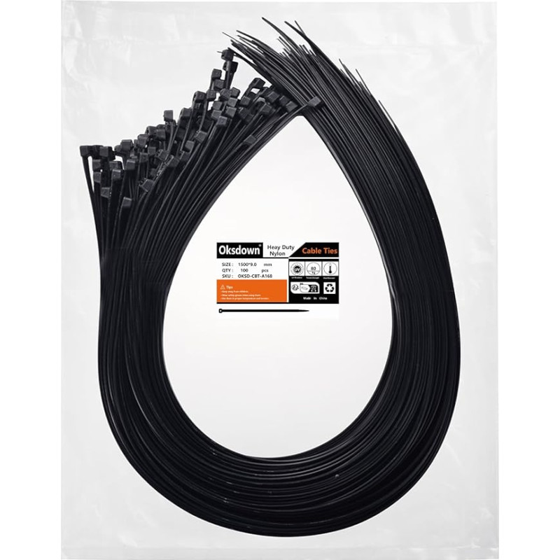 Oksdown 1500 mm x 9.0 mm Wide Pack of 100 Extra Strong Cable Ties with 80 kg Tensile Strength Black UV-Resistant Large Nylon Plastic Self-Locking Multifunctional