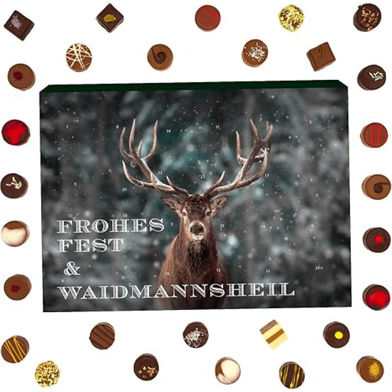 Hallingers Waidmannsheil Advento kalendorius Šokoladiniai saldainiai Dovanos, rankų darbo be alkoholio, iš aukštos kokybės kakavos šokolado medžiotojams (dėžutė) - dovana vasarą ir puiki dovana kepsniams | Sveikinimai Chanukos proga