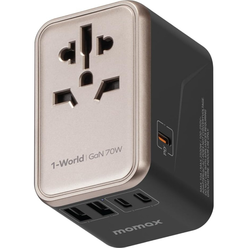 MOMAX Global 70W GaN Fast Charging Universal Adapter with 2USBA, 3USB C, 1AC, Travel Adapter, Simultaneous Charging of up to 6 Devices for US, UK, Australia and EU