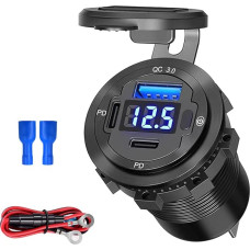 5 in 1 USB lizdas 12 V USB C automobilio įkroviklio lizdas su įjungimo/išjungimo jungikliu LED voltmetras, dvigubas PD ir USB prievadas, skirtas automobiliui, valčiai, laivui, jūrų transporto priemonei