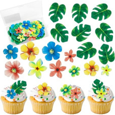 Pakuotė iš 83 valgomojo popieriaus torto viršūnėlių, yra 35 vnt. valgomųjų gėlių ir 48 vnt. valgomųjų lapų kaip keksiukų viršūnėlės, torto puošyba, džiunglių gimtadienio dekoracijos Havajams