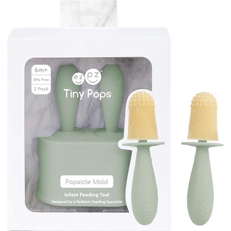 ezpz Tiny Pops (2-Pack) - Silicone Popsicle Mold for Toddlers - Easy Grip for Babies - Dishwasher Safe - 4 Months + (Sage)