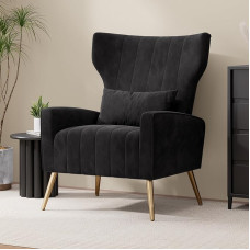 Hawthyhome Relaxing Chair, Single Sofa, TV Chair, Wing Chair with Pillow and Gold Metal Feet Made of Velvet up to 130 kg, Bedroom, Living Room, Black