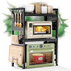 SAYZH Mikrobangų krosnelės lentyna, 3 pakopų išskleidžiama mikrobangų krosnelės lentyna, mikrobangų krosnelės lentyna su 10 kabliukų, lanksčiai ištraukiama nuo 40-70 cm, daugiapakopė virtuvės lentyna, mikrobangų krosnelės stovas, juoda