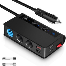 Kingwei QC 3.0 automobilinis įkroviklio adapteris, 180 W 12 V/24 V cigarečių žiebtuvėlio skirstytuvas 3 nuolatinės srovės lizdų skirstytuvas su 4 USB prievadais, automobilinis įkroviklis su LED voltmetro jungikliu, skirtas GPS, 