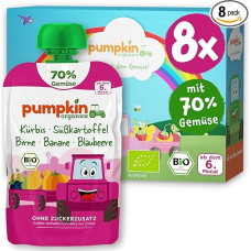 Pumpkin Organics Organic Vegetable Squeezies Pack of 8 Pumpkin, Sweet Potato, Pear, Banana, Blueberry without Added Sugar - Baby Food for Babies from 6 Months - Gluten Free & Vegetarian (8 x 100 g)