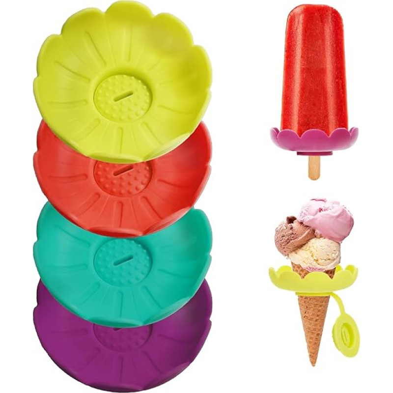 SoeUyd 4 Stück Tropffrei Eis am Stiel-Halter für Kinder, Eishalterung Kinder, Eishalterung Kinder Silikon, Eisstiele Wiederverwendbar, Eiscremebehälter Form einer blume für Jungen und Mädchen (A)