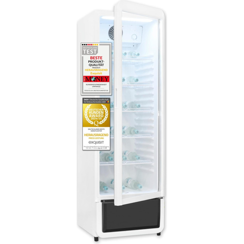 Exquisit CoolPro GKS260-GT-430D Glass Door Fridge 173 cm Height, 280 L Drinks Fridge with LED, Recirculation, 5 Adjustable Shelves, White
