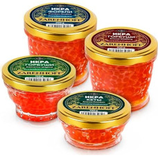 Raudonųjų ikrų rinkinys 600 g (2 x 200 g, 2 x 100 g) Lašišų ikrai - Kamčiatkos ir Aliaskos kalnagūbriai, lašišų ikrai 