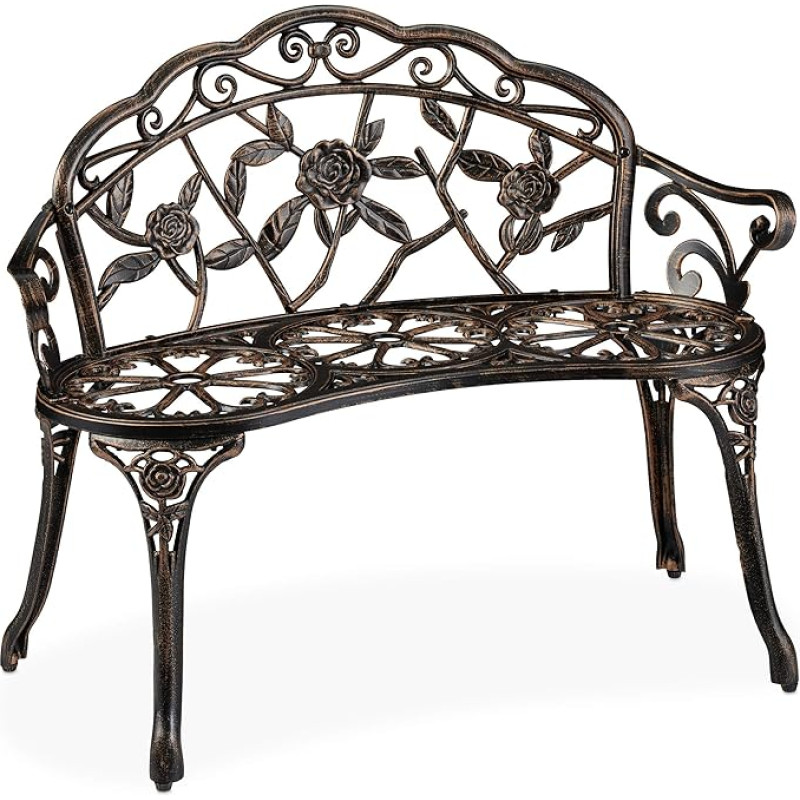 Relaxdays Garden Bench, 2 Seater, Roses, Patio, Balcony, Aluminium & Cast Iron, Antique Bench, HBT: 78 x 99 x 52 cm, Bronze
