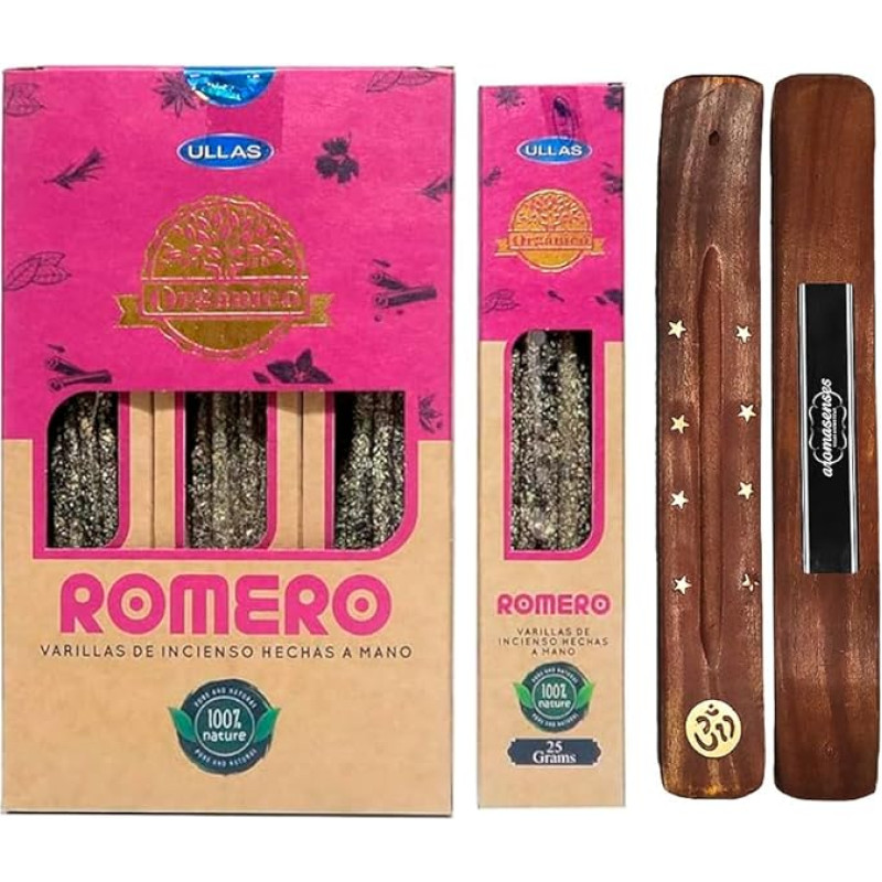 Aromasenses - rozmarino Ullas smilkalų lazdelės, 100 % natūralios, rankų darbo, 12 dėžučių po 25 g + dovanų aromatinis smilkalų degiklis