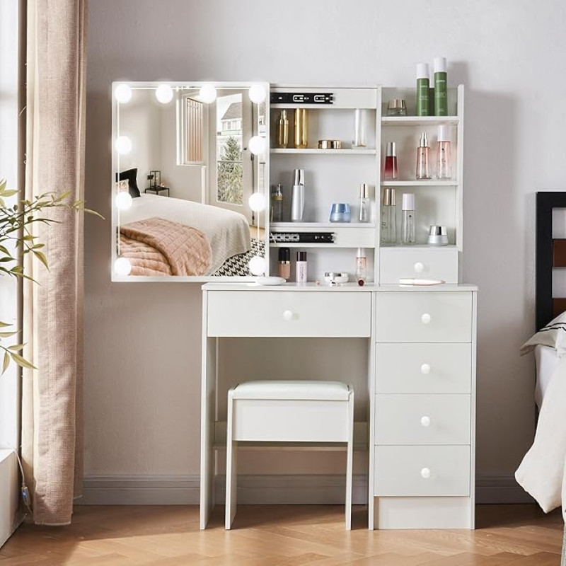 Buildonely Dressing Table with LED Light, Adjustable Brightness, Dressing Table with Mirror and Stool, 5 Large Drawers for Girls, 80 x 36 x 131 cm, SD3141U1203, White