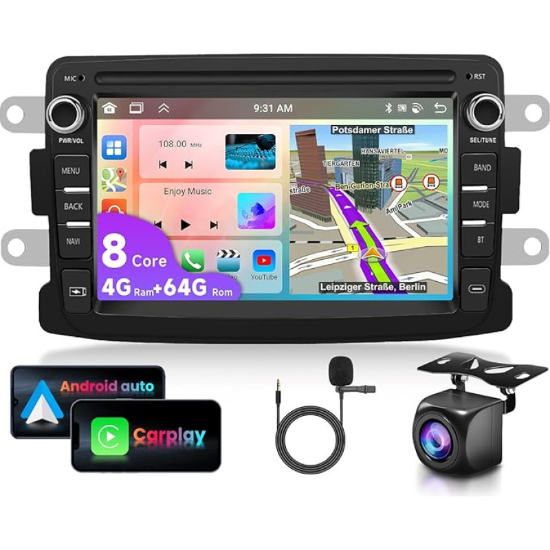 4G + 64G 8-Core Podofo 7 Inch Car Radio Bluetooth for Renault Dacia Duster Sandero Dokker Logan Lodgy Captur Carplay Android Car, WiFi GPS Navi RDS/FM DSP, Android 13 Radio 2 DIN with AHD Rear View