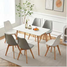 FURNITABLE Dining Table Set White with 6 Dining Room Chairs, Dining Room Set for Kitchen, Dining Room, Office, 4 Grey Chairs & 2 White Chairs