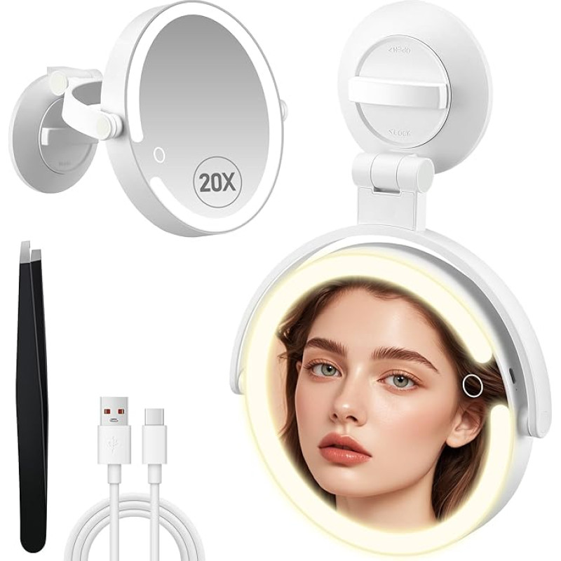MOMOKUBA Magnifying Mirror with Light, 20 x LED Bathroom Mirror with 3 Lighting Modes, Rotation Wall Mounted Makeup Mirror, Rechargeable Mirror with Lights and Suction Cup, for Home, Bathroom