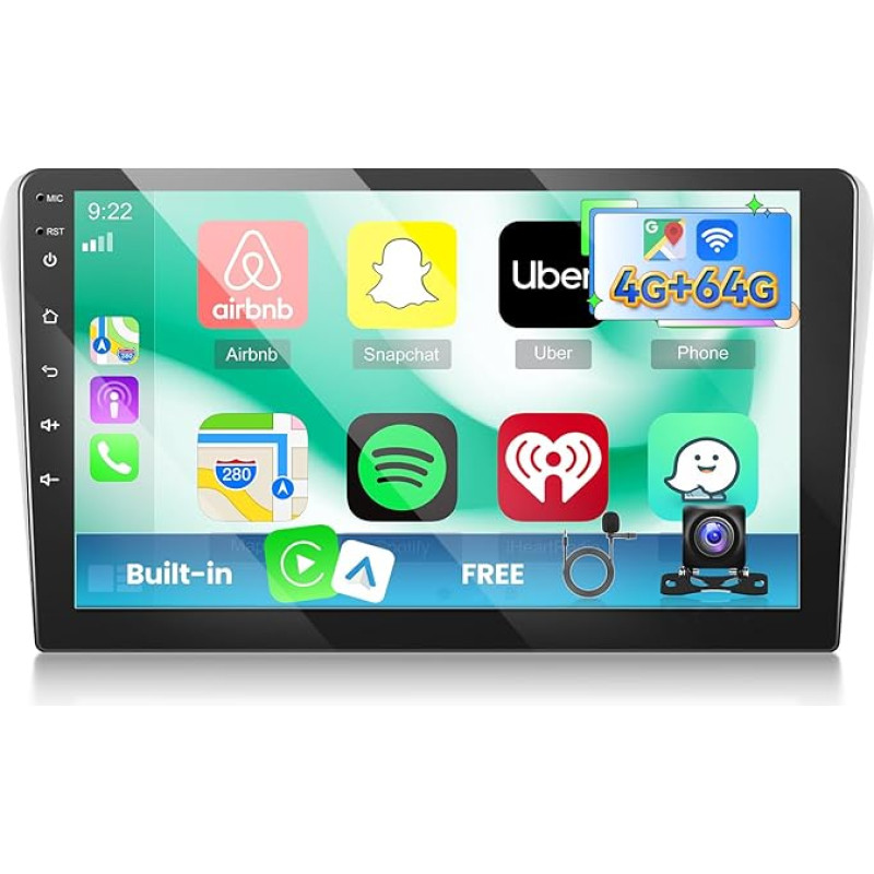NHOPEEW 4+64G Autoradio für Toyota Avensis 2002-2008 - 9 Zoll Android Autoradio mit Drahtlos Carplay und Android Auto - Mirror Link 32EQ DSP Split-Screen + Rückfahrkamera & Mikrofon