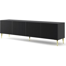 BIM Furniture Ravenna B 4D Lowboard TV Cabinet 200 cm Milled Decorated MDF Fronts on Gold Metal Legs Stand Base Cabinet TV Board Sideboard HiFi Table (Matte Black)