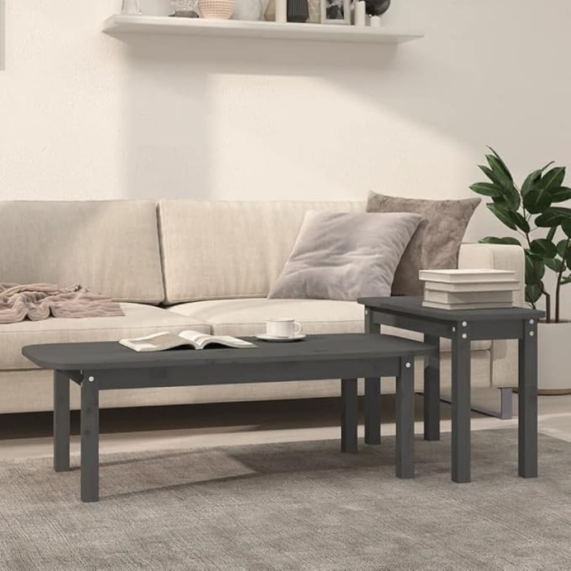 Woonisher 2-Piece Coffee Table Set Grey Solid Pine Table Basse Salon Petite Table Jardin de